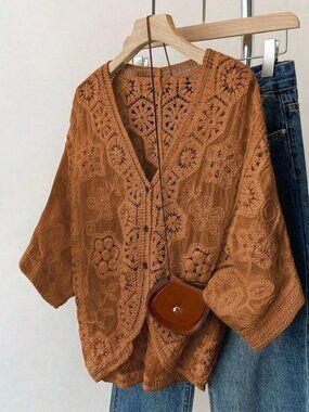 Burnt Orange Casual Women's Loose V-Neck Bishop Sleeve Crochet Knit Shirt
